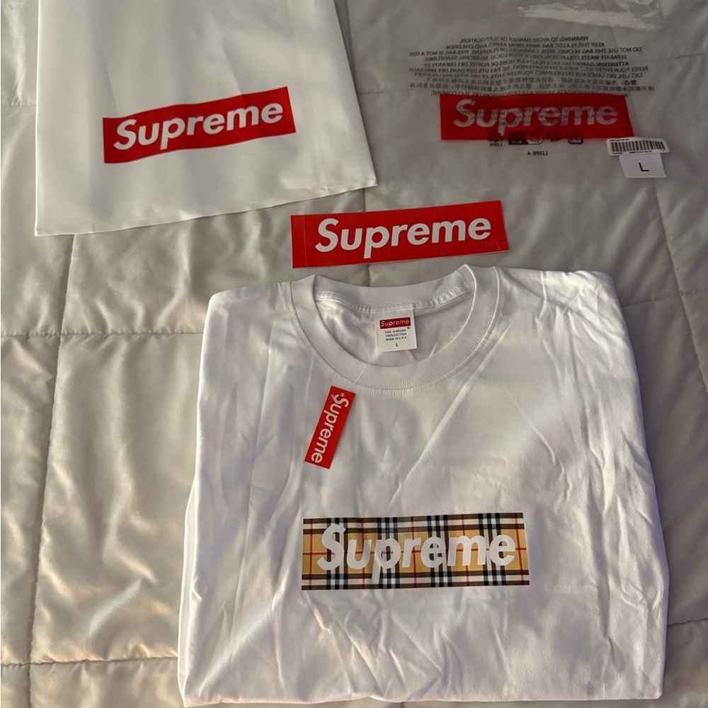 Supreme White T-Shirt with Plaid Logo